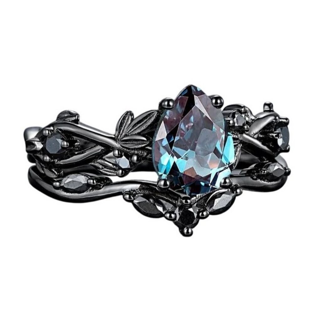 Pear Cut Alexandrite & Moissanite 2 piece Bridal Wedding engagement ring Rhodium - Picture 5 of 8